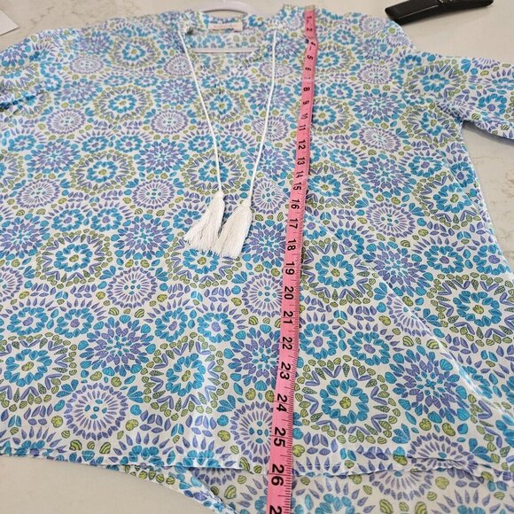 Fresh Produce XL Tunic Top Mosaic Shells Corine Blue Green Cotton Tie Neck - Picture 12 of 12